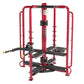 Red and black multi-station fitness cage with leg press, chest press, and lat pulldown attachments on white background