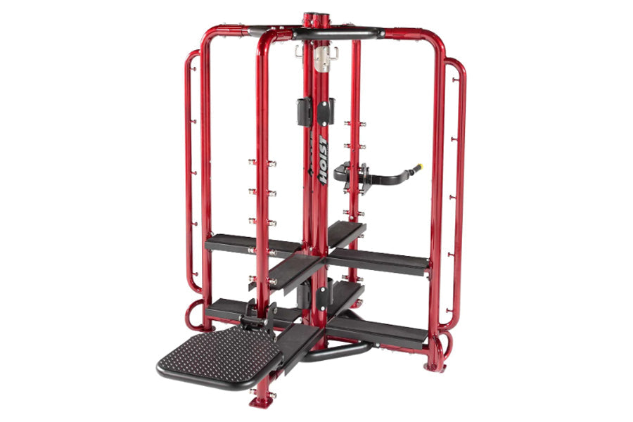 Red metal leg press and chest fly machine with black seat and footplate, on white background