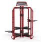 Red metal Motioncage strength training machine with black foot pedals and handles on white background