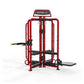 Red and black multi-station fitness machine with leg press, chest press, and abdominal equipment on white background