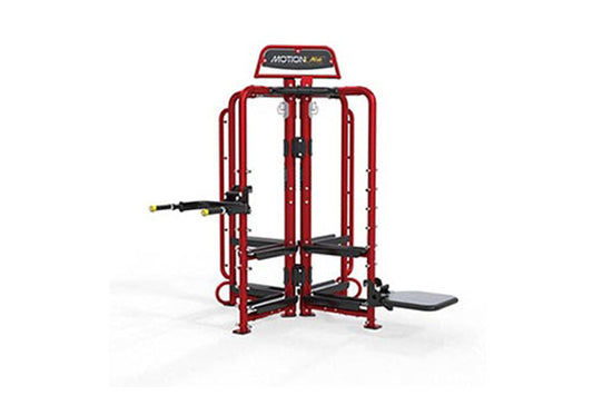 Red and black multi-station fitness machine with leg press, chest press, and abdominal equipment on white background