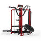 Red and black multi-station gym machine with leg press, chest press, and pull-down stations on white background
