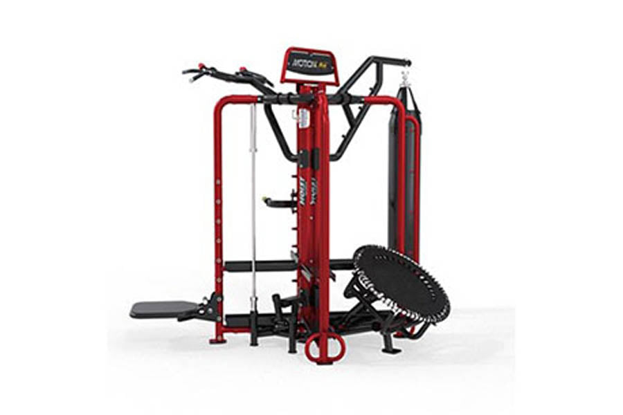 Red and black multi-station gym machine with leg press, chest press, and pull-down stations on white background