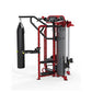 Hoist MCS-8004 Motioncage Studio Package 4 red and black multi-station gym equipment with punching bag attachment on white ba