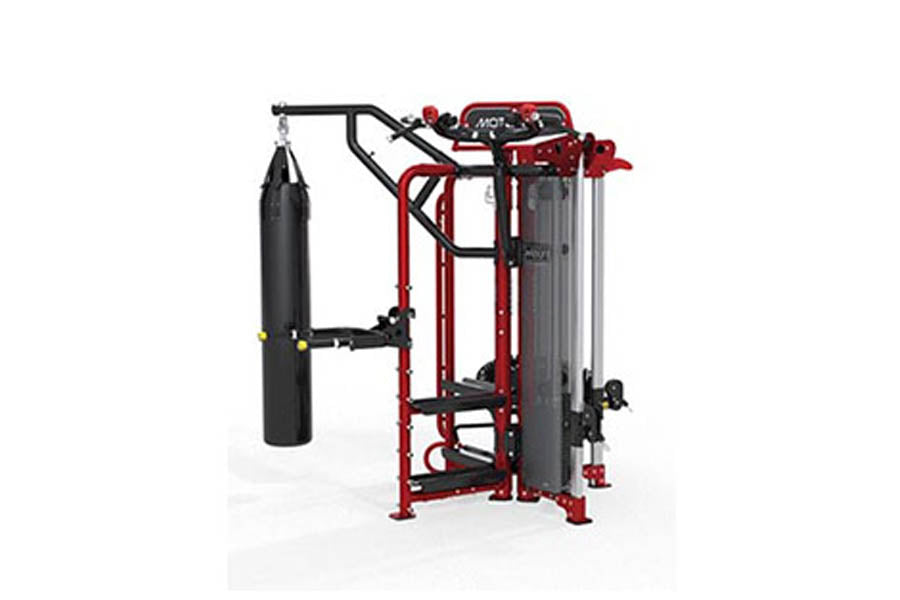 Hoist MCS-8004 Motioncage Studio Package 4 red and black multi-station gym equipment with punching bag attachment on white ba