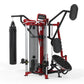 Red and black multi-station home gym equipment with punching bag, leg press, and seated exercise stations on white background