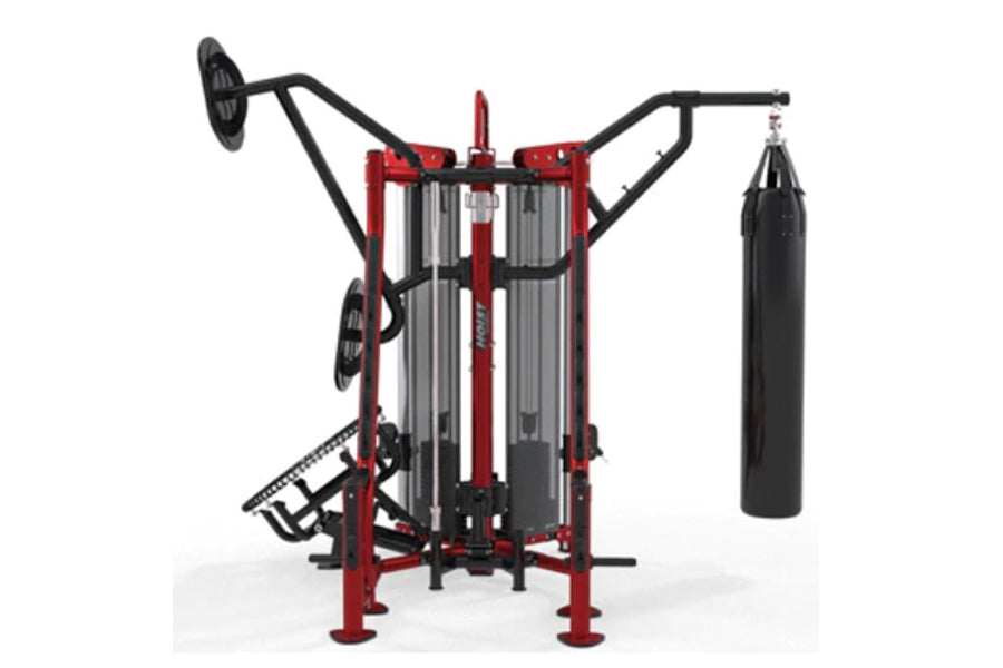 Red and black Hoist MCS-8005 Motioncage Studio Package multi-station gym with dual weight stacks, overhead press arm, leg pre