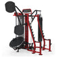 Red and black Hoist MCS-8005 Motioncage multi-station gym equipment with leg press, chest press, and rebounder on white backg