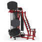 Red and black commercial leg press machine with padded seat and backrest on white background