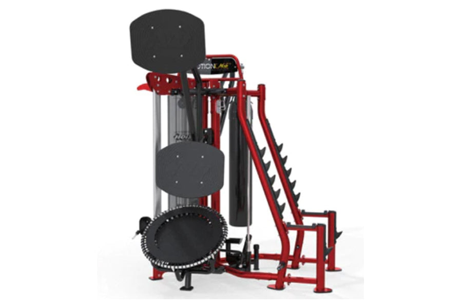 Red and black commercial leg press machine with padded seat and backrest on white background