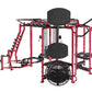 Hoist MC-7000 Series red and black multi-station gym equipment with punching bag and weights on white background
