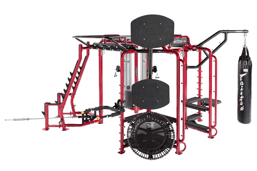 Hoist MC-7000 Series red and black multi-station gym equipment with punching bag and weights on white background
