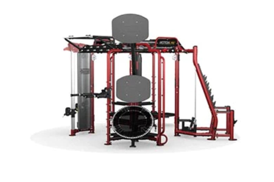 Red and black multi-station gym equipment with gray padded seats, cable machines, and leg press on white background