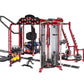 Hoist MC-7000 Series red and black multi-station gym equipment with punching bag, weight stack machines, and dumbbells on whi