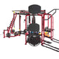Hoist MC-7000 Series red multi-station gym cage system with black padded seats, hanging heavy bag, and cable attachments on w
