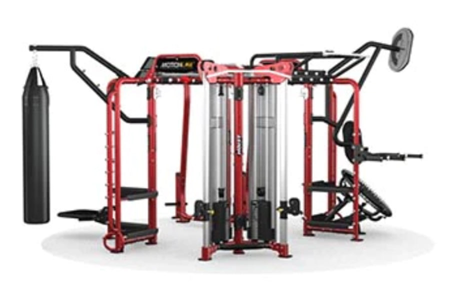 Hoist MC-7000 Series red and black multi-station fitness equipment with cable machines and weight stacks on white background