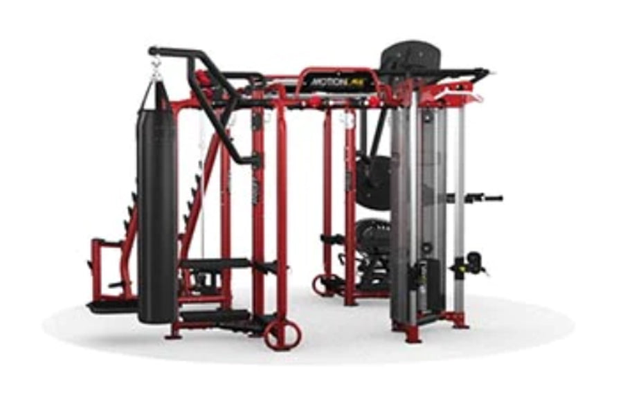 Hoist MC-7000 Series red and black multi-station gym equipment with cable machines on white background