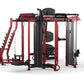 Multi-station gym equipment with red frame and black pads featuring lat pulldown, leg press, chest press, and cable machines 