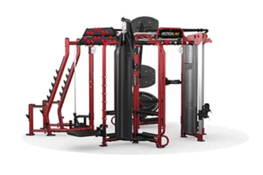 Multi-station gym equipment with red frame and black pads featuring lat pulldown, leg press, chest press, and cable machines 