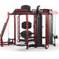Red and black multi-station workout machine with leg press, chest press, and cable stations on white background