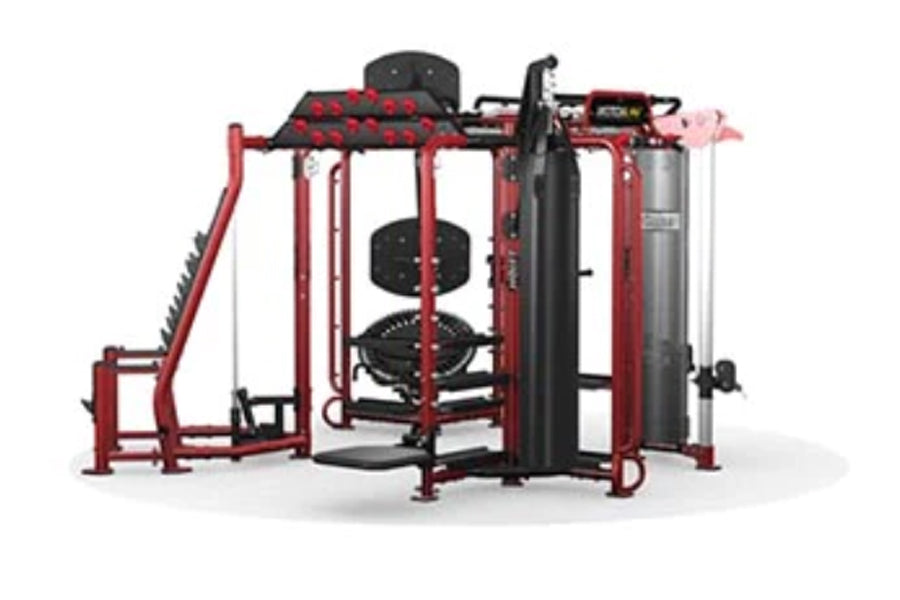 Red and black multi-station workout machine with leg press, chest press, and cable stations on white background