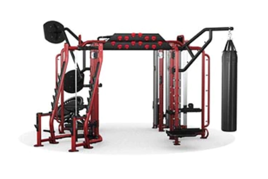Red and black Hoist MC-7000 Series Motioncage multi-station gym equipment with punching bag attachment, shown on white backgr