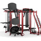 Red and black multi-station gym equipment with multiple exercise stations, padded seats, weight stacks, and cable attachments