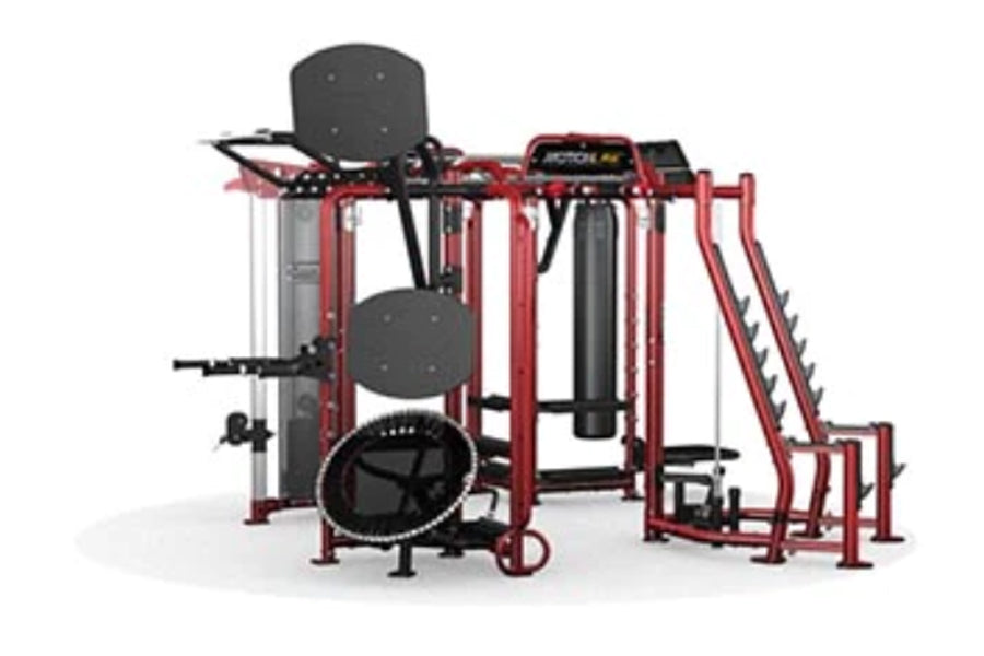 Red and black multi-station gym equipment with multiple exercise stations, padded seats, weight stacks, and cable attachments