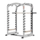 Silver and black dual action Smith machine with adjustable weight pegs, curved top frame, and footrest on white background