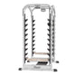 Silver and black dual action Smith machine with vertical rails, horizontal foot platform, and black hook attachments on white