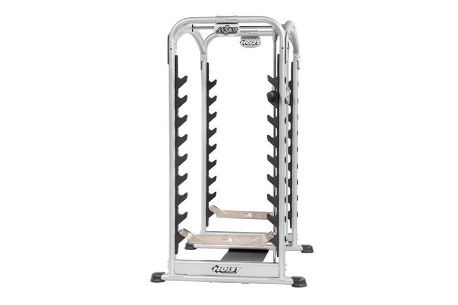 Silver and black dual action Smith machine with vertical rails, horizontal foot platform, and black hook attachments on white