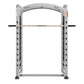 Silver and black Hoist Smith Machine with dual uprights, horizontal bar, and weight plate storage pegs on white background