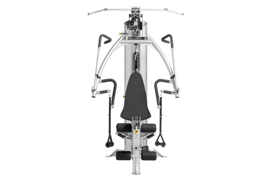 Hoist V4-Elite home gym with leg press, silver frame and black seat, overhead pull handles and foot pedals, viewed from front