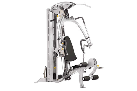Hoist V4-Elite home gym with silver frame, black seat and handles, and integrated leg press station on white background