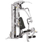 Hoist V4-Elite home gym with silver frame, black seat and handles, and integrated leg press station on white background