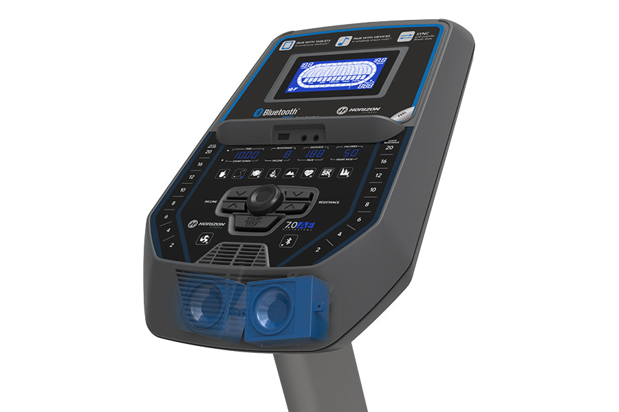 Horizon 7.0 AE elliptical machine with blue and black console, digital display, and control buttons on white background