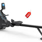 Horizon Oxford 6 black rowing machine with digital display console on white background