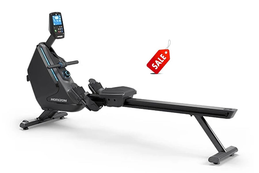 Horizon Oxford 6 black rowing machine with digital display console on white background