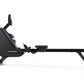 Horizon Oxford 6 black rowing machine with extended seat rail and footrest on white background