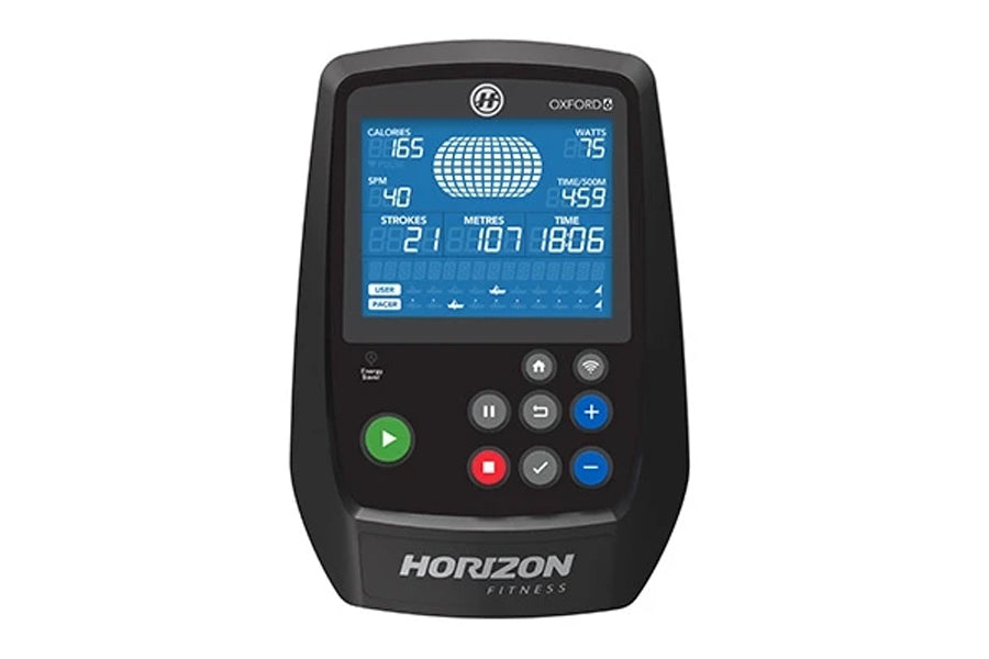 Horizon Oxford 6 Rower console displaying workout metrics including calories, watts, strokes, and time on blue screen with co