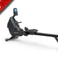 Horizon Oxford 6 black rowing machine with digital display console and extended seat track on white background, marked sold