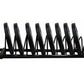 Black horizontal bumper plate rack with eight vertical post slots and curved base on white background