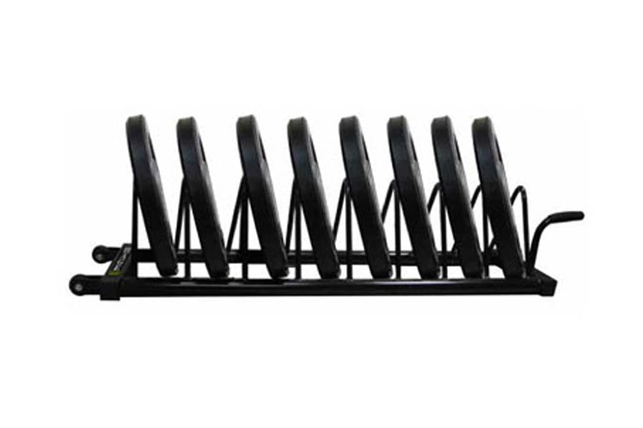 Black horizontal bumper plate rack with eight vertical post slots and curved base on white background