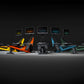 Collection of five Hydrow Wave rowing machines in yellow, orange, black, blue, and green with digital screens displayed on bl