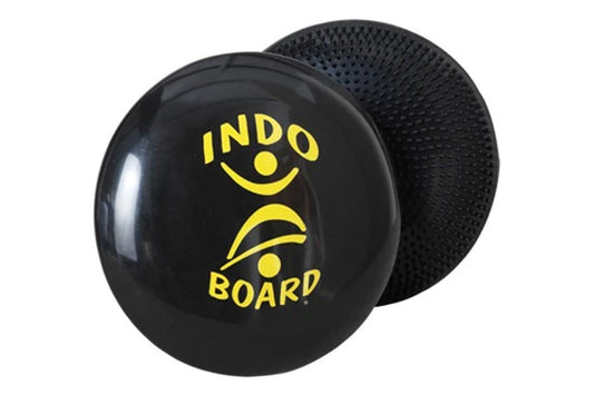 Black Indo Board balance stimulator with yellow logo and textured black base pad, shown from front and back view