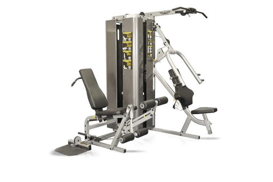 Inflight Vanguard 2-stack multi-gym with gray upholstered seats, silver aluminum frame, and dual weight stacks on white backg