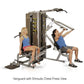 Vanguard 2-stack multi-gym with two users demonstrating chest press and lat pulldown exercises on white background