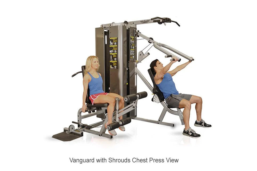 Vanguard 2-stack multi-gym with two users demonstrating chest press and lat pulldown exercises on white background
