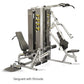 Inflight Vanguard 2-stack multi-gym with shrouds, silver frame and gray padded seats, on white background