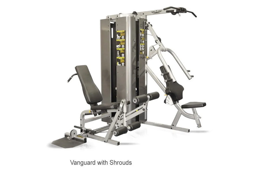 Inflight Vanguard 2-stack multi-gym with shrouds, silver frame and gray padded seats, on white background